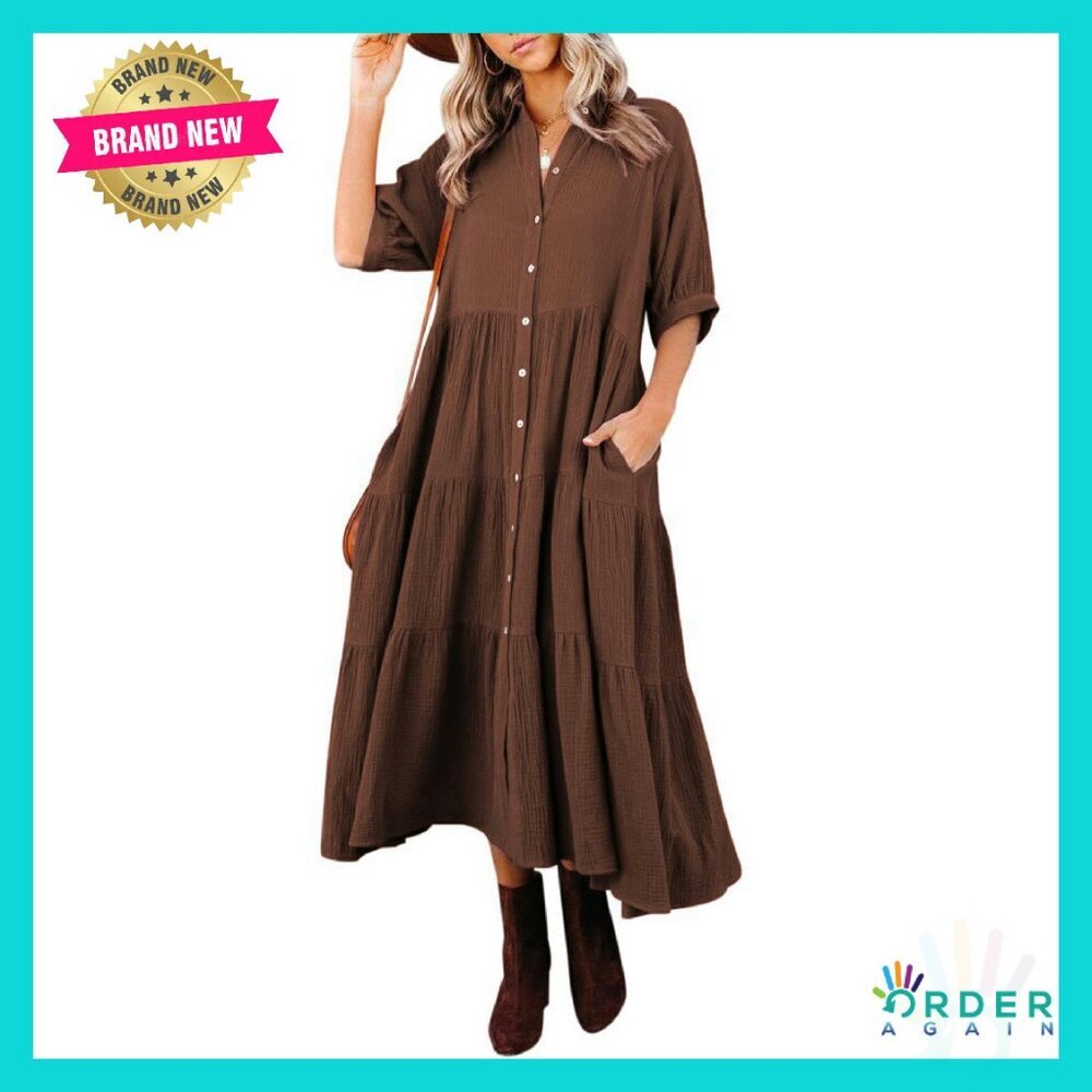 Cotton Button Down Midi Dress Casual Summer Boho Chic Loose Fit Pockets